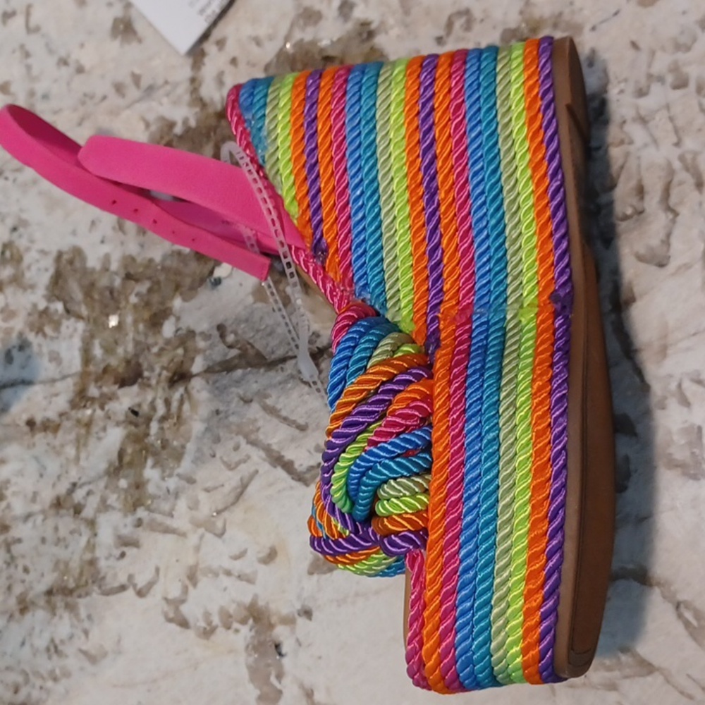 Gianni Bini Rainbow Striped Platform Sandals with Pink Straps